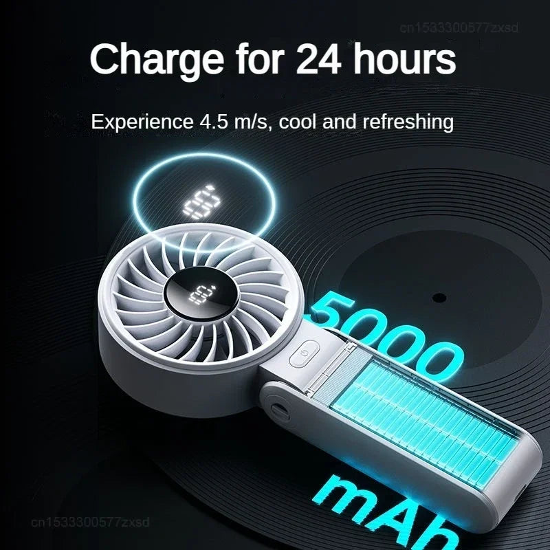5000Mah Handheld Fan Portable Foldable USB Rechargeable Fan Display Screen Mute Neck Hanging Fans 5 Speed Adjustable for Camping