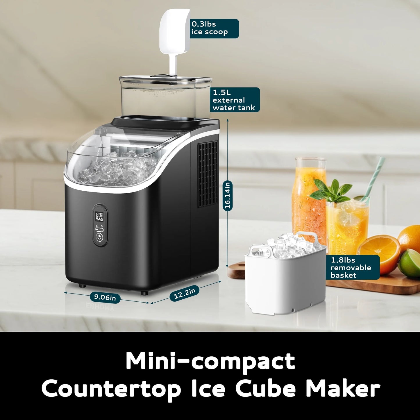 34.5 Lbs Cube Countertop Ice Maker with External Water Tank, 16Pcs /13 Mins, Auto-Cleaning