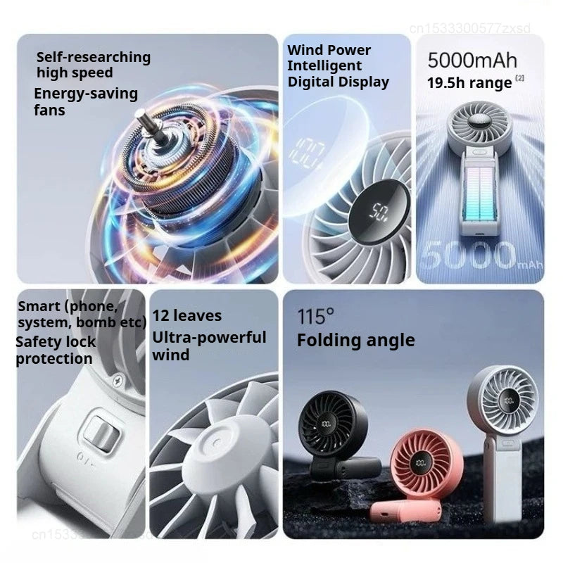 5000Mah Handheld Fan Portable Foldable USB Rechargeable Fan Display Screen Mute Neck Hanging Fans 5 Speed Adjustable for Camping