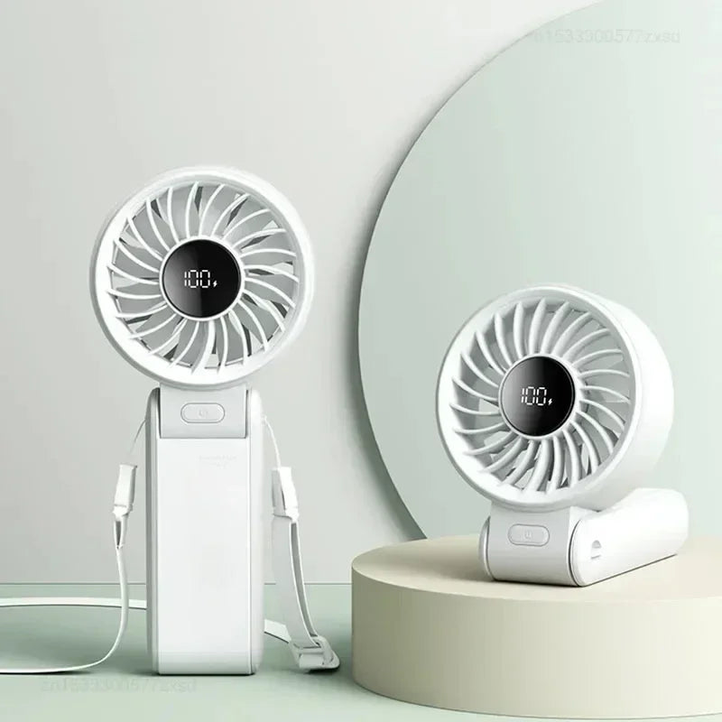 5000Mah Handheld Fan Portable Foldable USB Rechargeable Fan Display Screen Mute Neck Hanging Fans 5 Speed Adjustable for Camping
