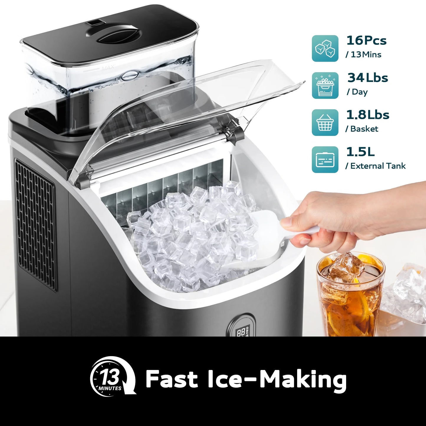 34.5 Lbs Cube Countertop Ice Maker with External Water Tank, 16Pcs /13 Mins, Auto-Cleaning