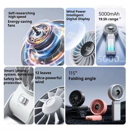 5000Mah Handheld Fan Portable Foldable USB Rechargeable Fan Display Screen Mute Neck Hanging Fans 5 Speed Adjustable for Camping