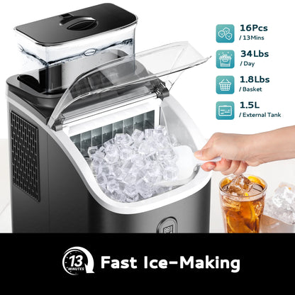 34.5 Lbs Cube Countertop Ice Maker with External Water Tank, 16Pcs /13 Mins, Auto-Cleaning